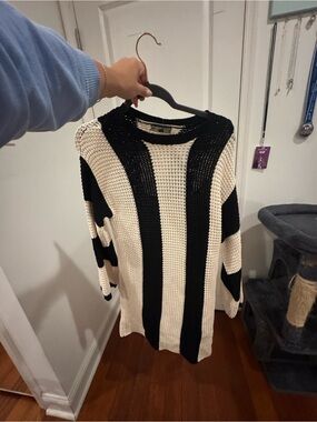 Anthropologie Black and Cream Striped Crewneck Sweater Dress